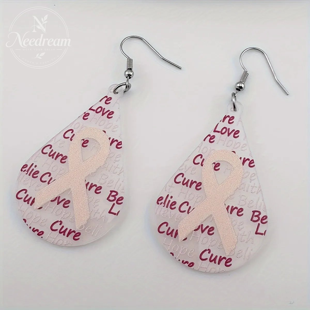 Waterdrop Ribbon Breast Cancer Festival Earrings