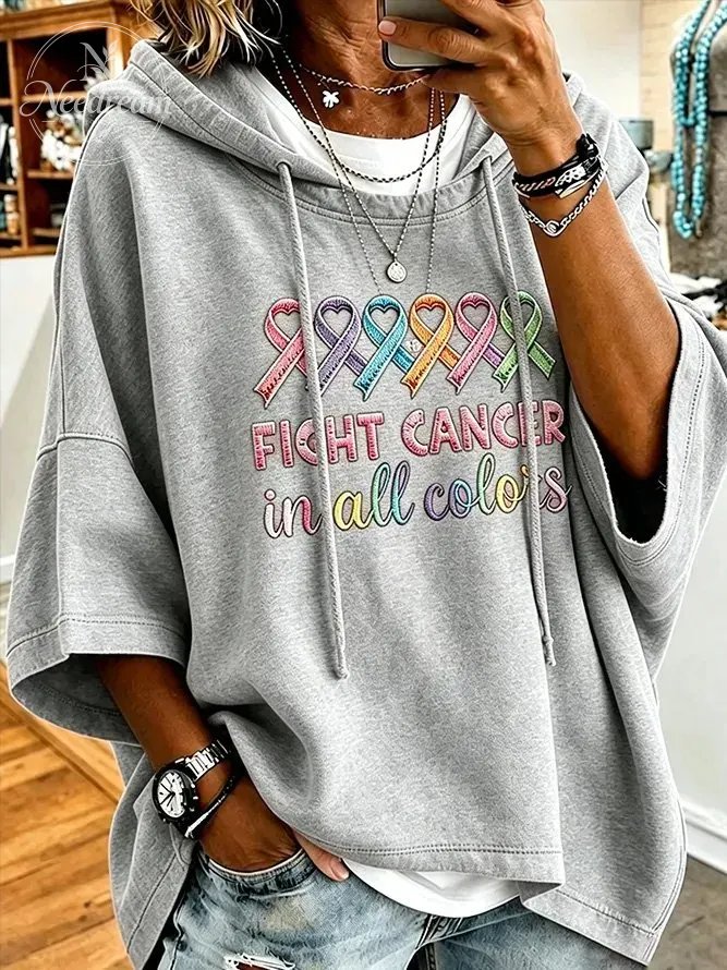 Women's Multicolor Heart Ribbon Slogan Short Sleeve Hoodie