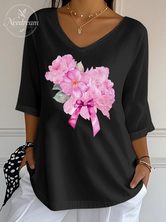 Women's Breast Cancer Flower Wrinkle Top