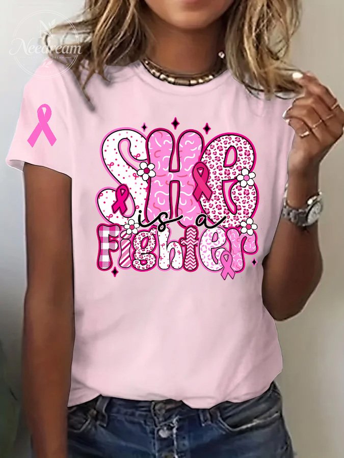 Women's She Is A Fighter Print Casual T-shirt