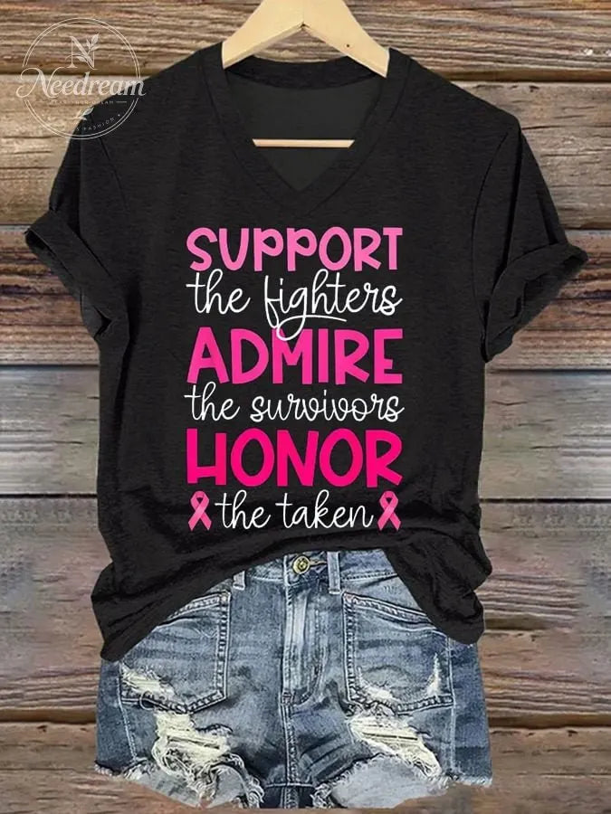 Women's Breast Cancer Slogan V-Neck Print T-Shirt Top