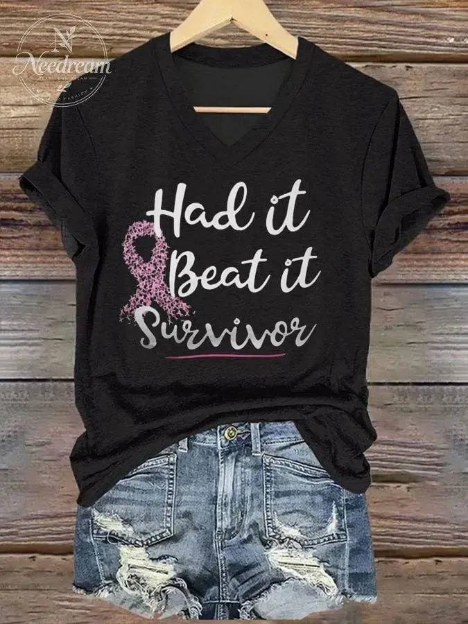 Women's Breast Cancer Slogan V-Neck Print T-Shirt Top