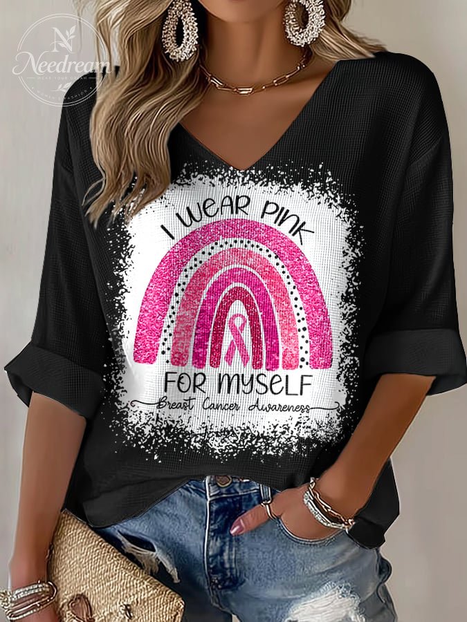 Women's casual I wear pink for myself waffle long-sleeved T-shirt
