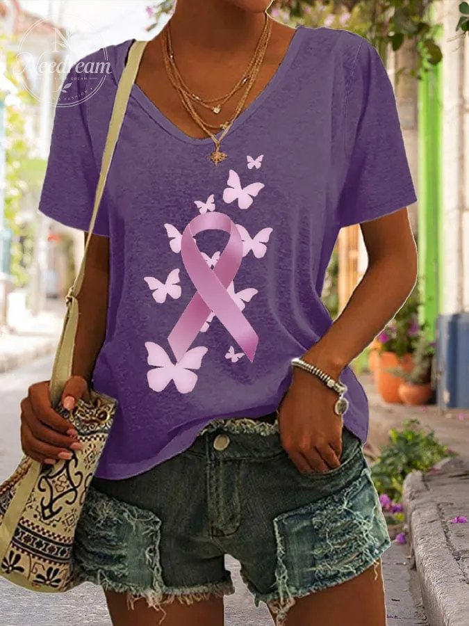 Women's Butterfly Breast Cancer Print Loose Short Sleeve T-Shirt