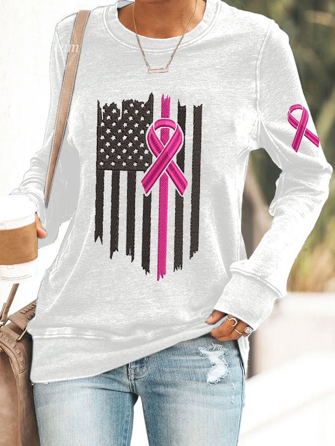 Women's USA Flag Pink Ribbon Breast Cancer Awareness Embroidered Printed Sweatshirt