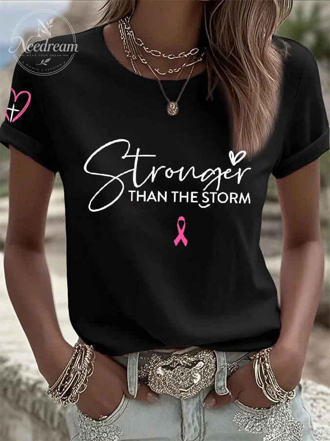Women's Breast Cancer Christian Stronger Than The Storm Print Casual T-shirt