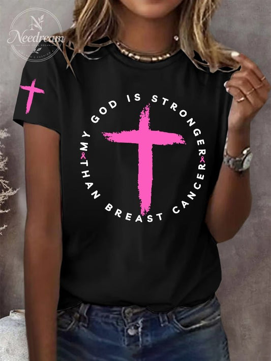 Women's Retro My God Is Stronger Than Breast Cancer Awareness Christian Print T-Shirt