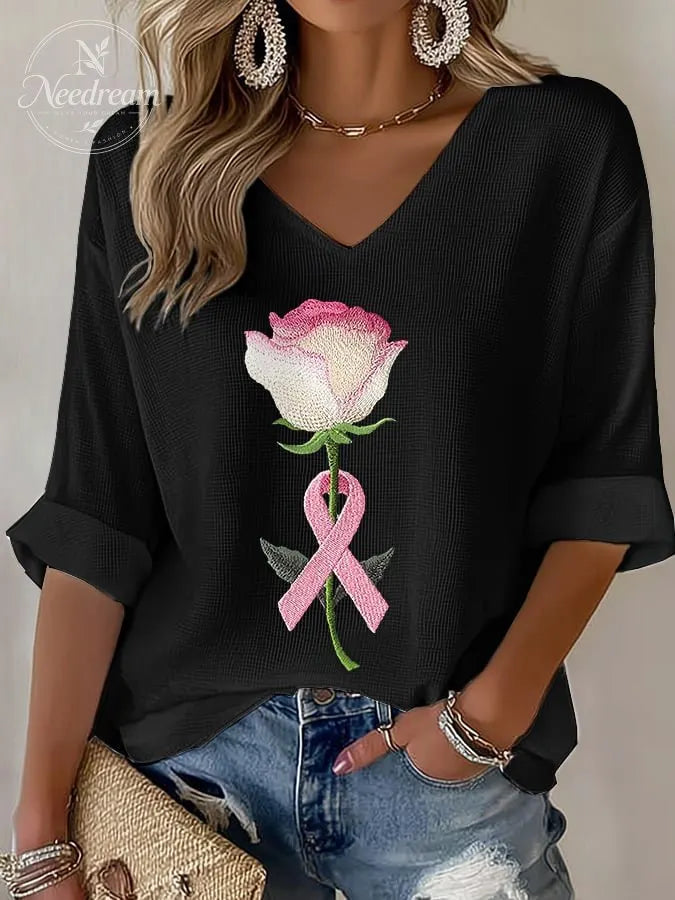 Women's pink embroidered floral print waffle T-shirt