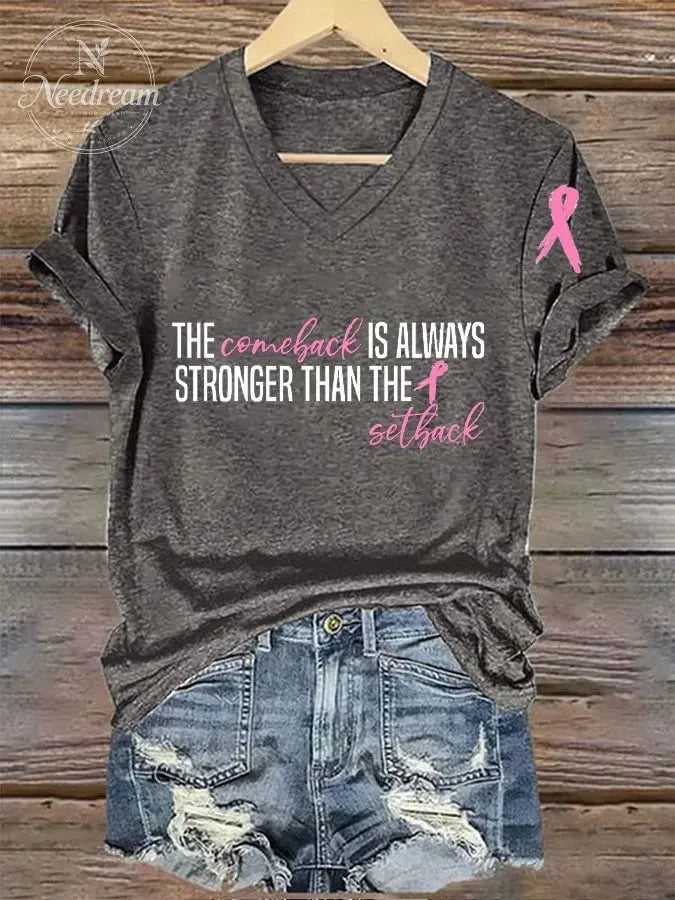 Women's The Comeback Always Stronger Than The Setback Breast Cancer Print T-Shirt