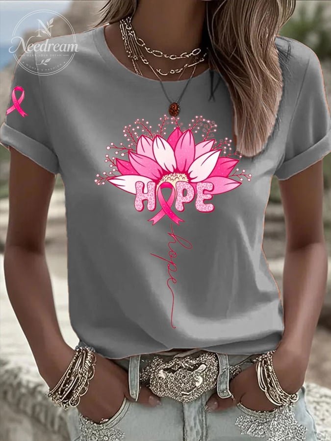Women's Hummingbird Sunflower Breast Cancer Awareness Print Casual T-shirt