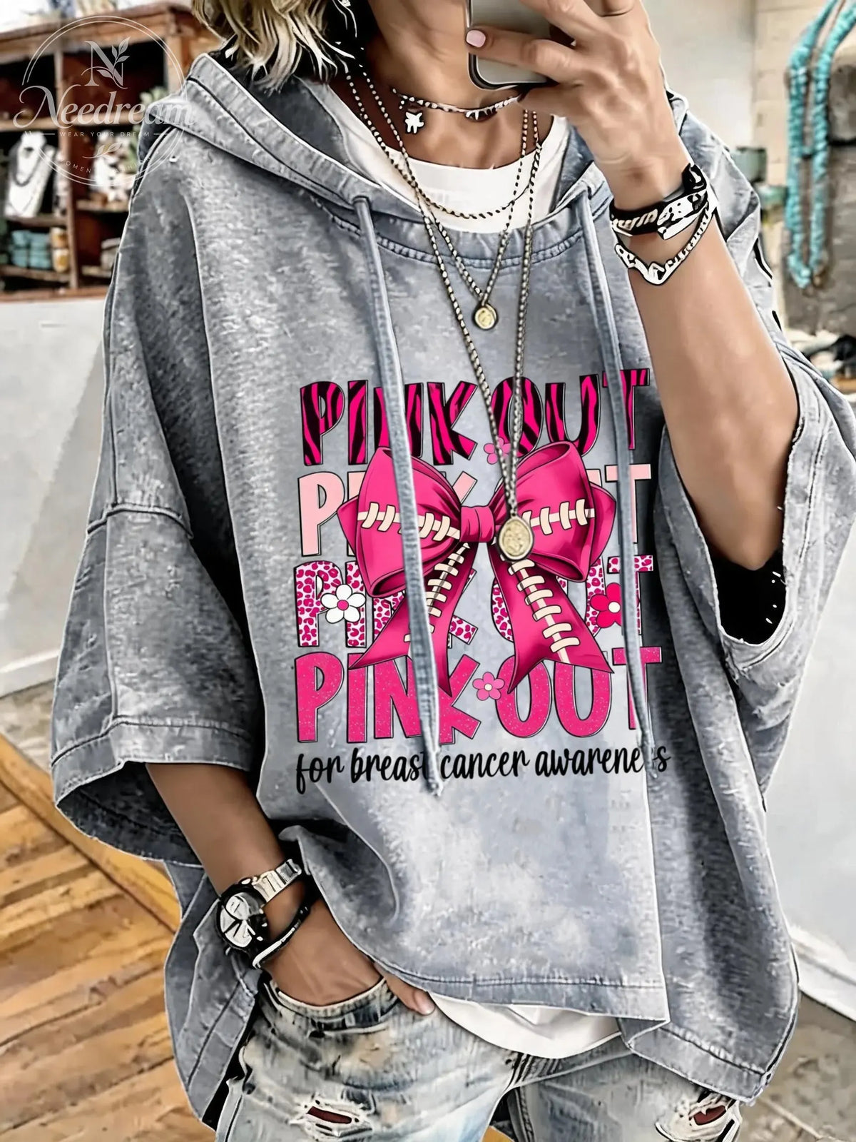 Women'S Pink Out Breast Cancer Awareness Distressed Washed Oversized Hoodie