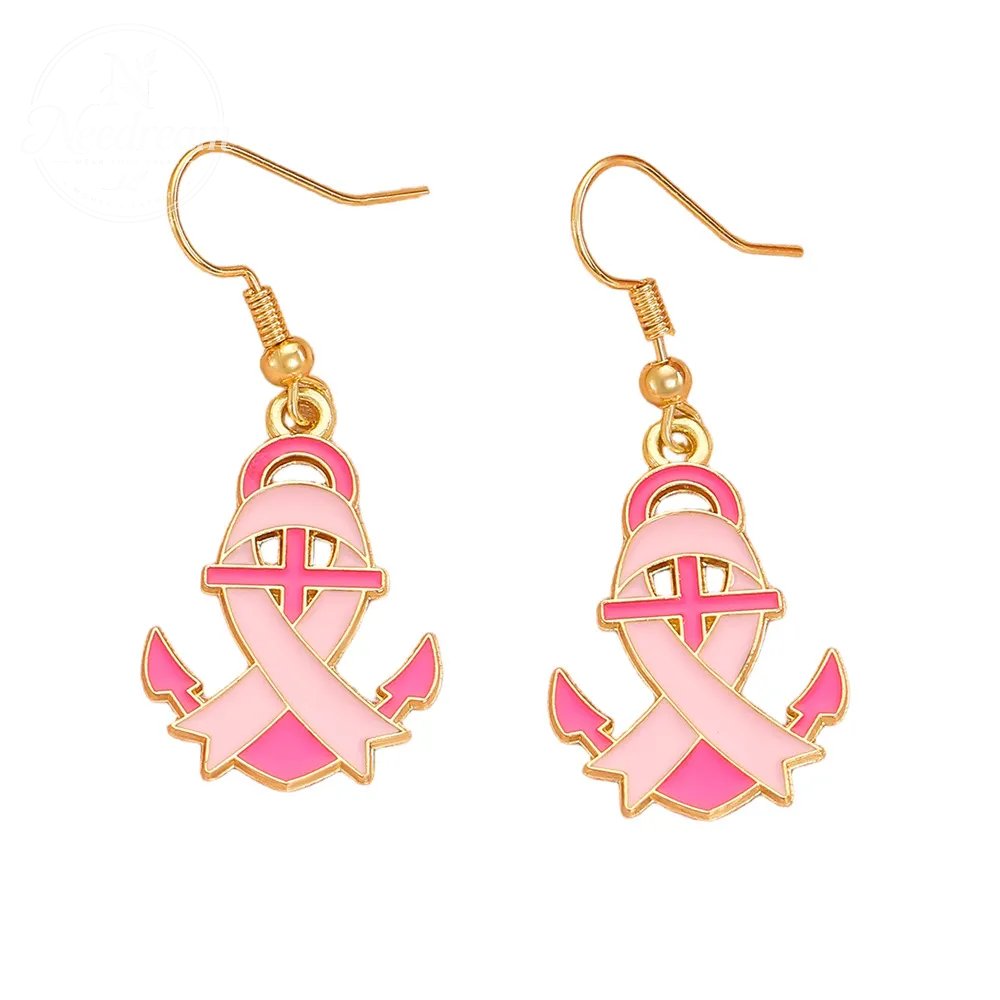 Pink Ribbon Anchor Earrings For Breast Cancer Awareness