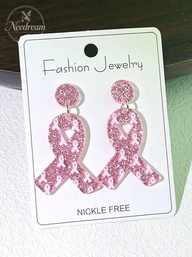 Women's Breast Cancer Awareness Pink Ribbon Sequin Fashion Casual Earrings