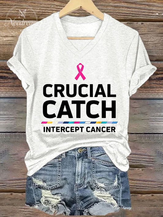 V-neck Retro Breast Cancer Awareness Crucial Catch Intercept Cancer Print T-Shirt