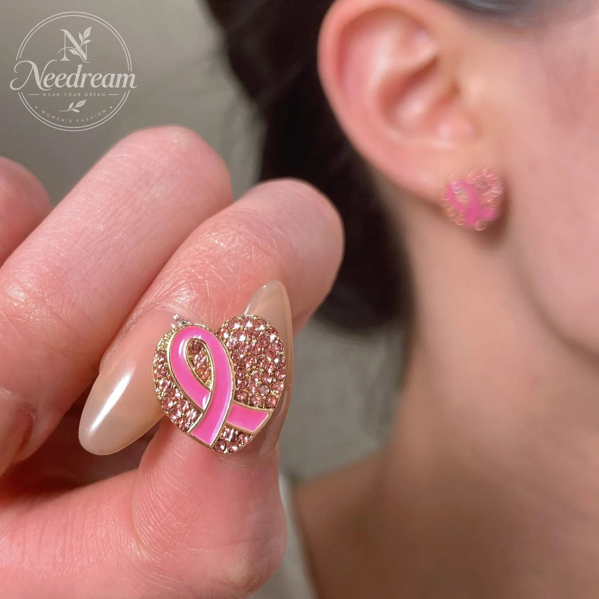 Pink Ribbon With Diamond Studded Heart-Shaped Bow Tie Earrings