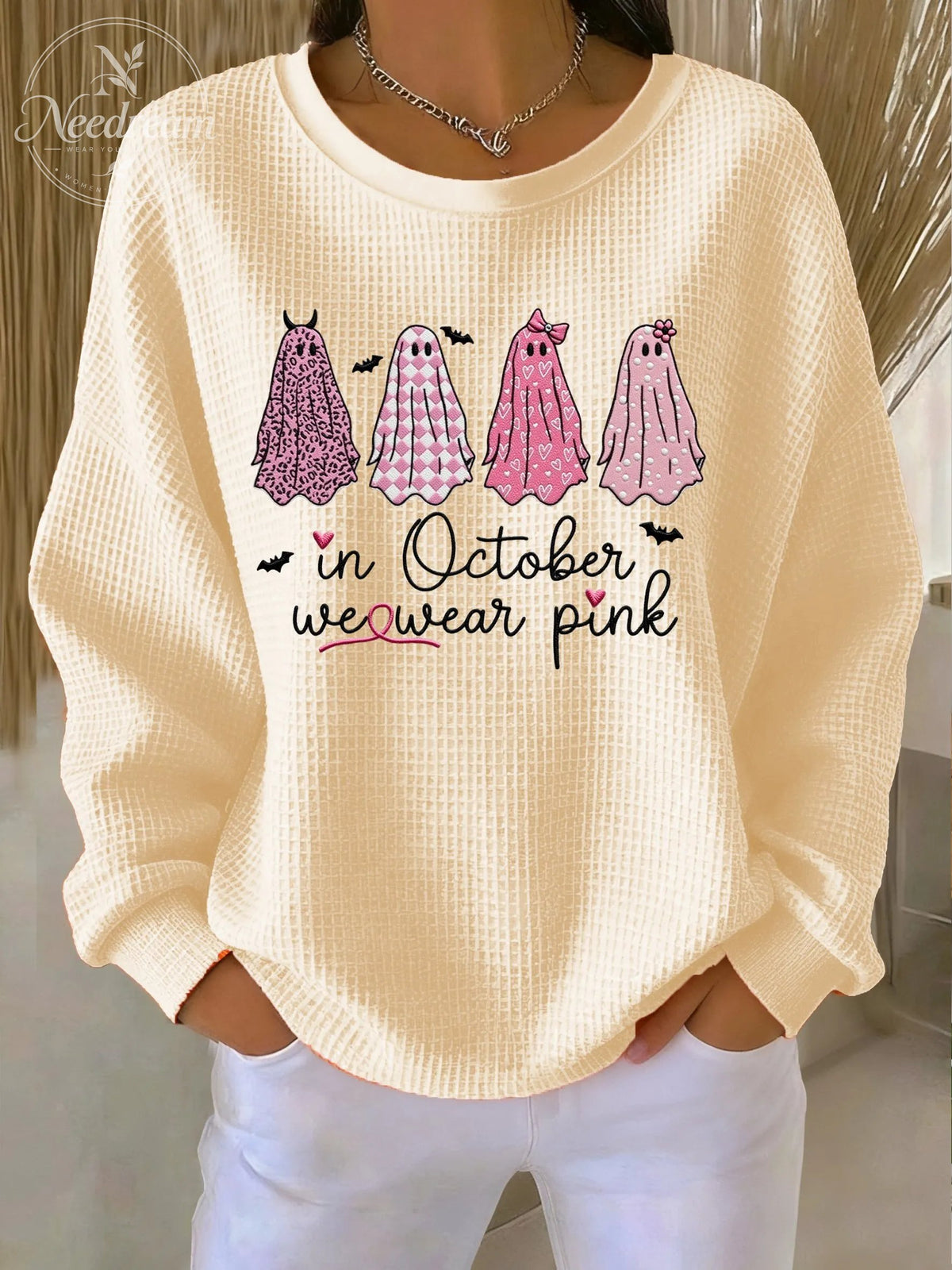 Women's Casual Pink Ghost Breast Cancer Waffle Multicolor Autumn and Winter Sweatshirt