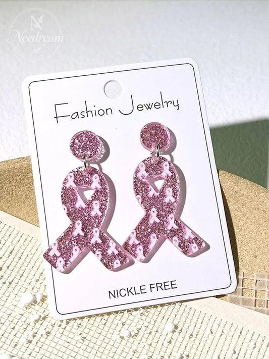 Women's Breast Cancer Awareness Pink Ribbon Sequin Fashion Casual Earrings
