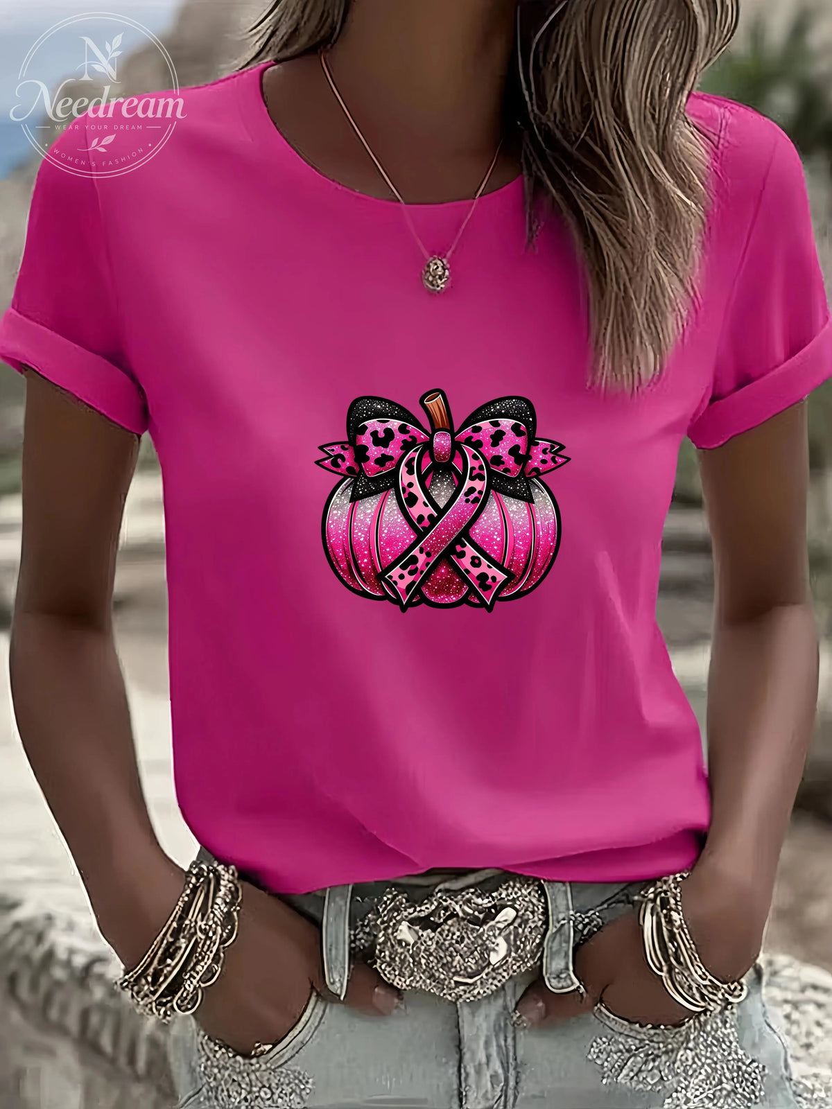 Women'S Breast Cancer Ribbon Pumpkin Casual Round Neck T-Shirt