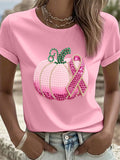 Women's Pink Pumpkin and Ribbon Rhinestone Art Print Round Neck T-Shirt