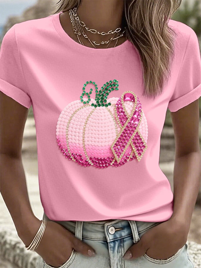 Women's Pink Pumpkin and Ribbon Rhinestone Art Print Round Neck T-Shirt