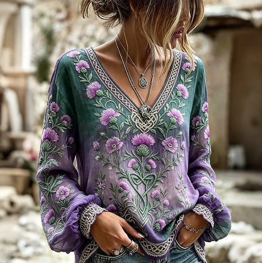 Women's Cottish Thistle Embroidery Print Alzheimer's Awareness T-shirt