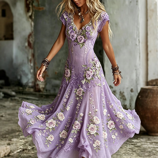 Women's Vintage Rose Embroidered Art V-neck Flowy Maxi Dress