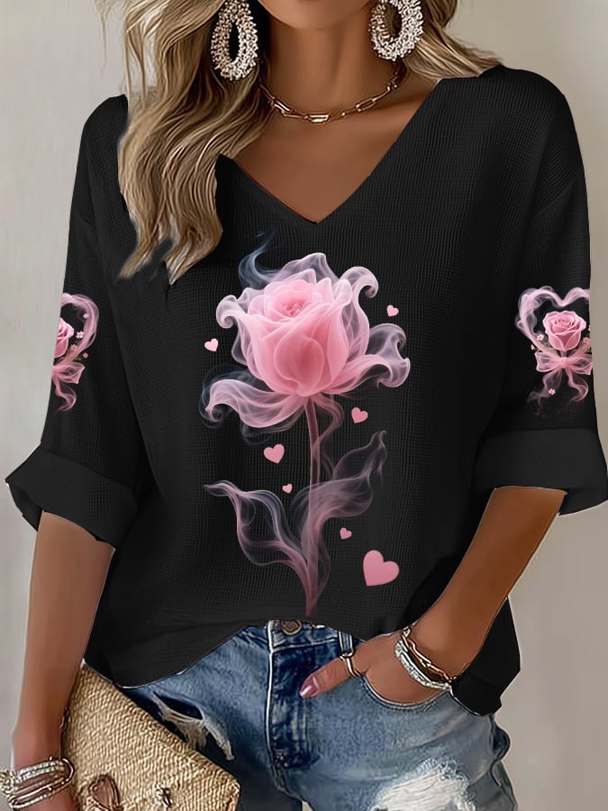 Women's  Print Casual Waffle Fabric T-Shirt
