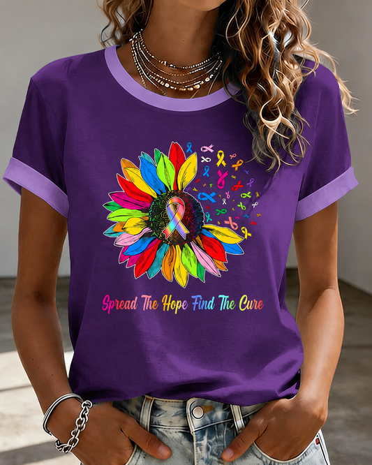 Women's Rainbow Sunflower Multi Cancer Awareness Ribbon Inspirational Quote Contrast Trim Casual T-Shirt