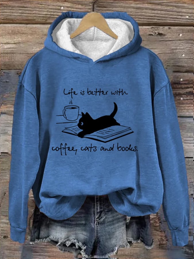 Women's Coffee Cat And Book Print Hoodie