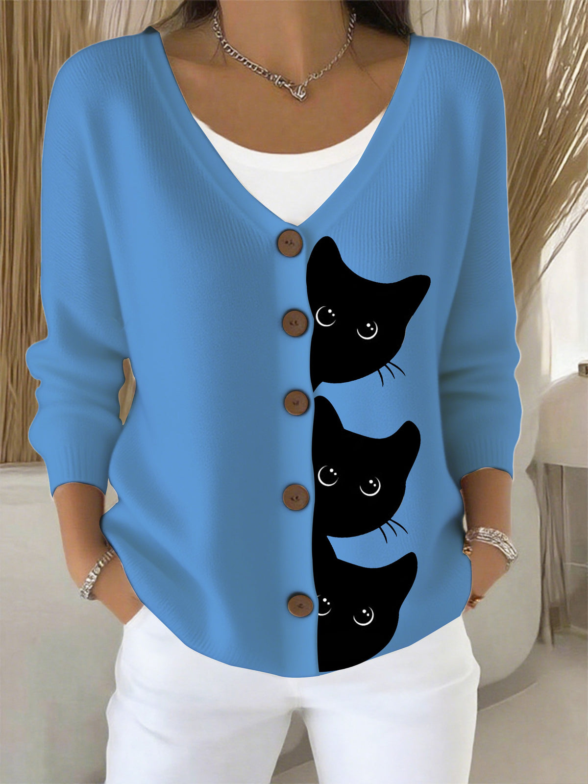 Women's Halloween Fun Black Cat Print Cardigan Sweater