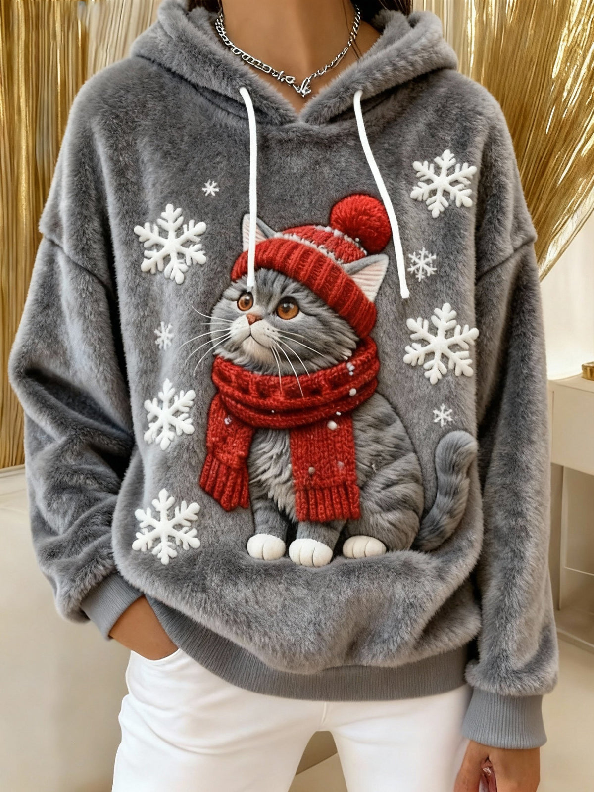 Women's Cute Christmas Cat Art Print Casual Flannel Sweatshirt