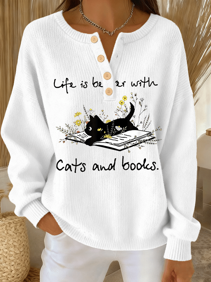 Women's Cute Cat Print Knit Button Top