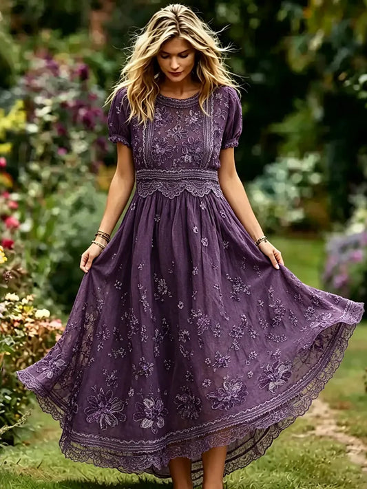 Women's Retro Purple Floral Art Cotton Linen Casual Dress