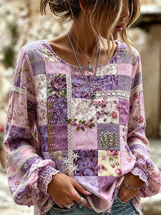 Women's Vintage Purple Floral And Lace Patchwork Cotton Linen Casual Crew Neck Long Sleeve Top