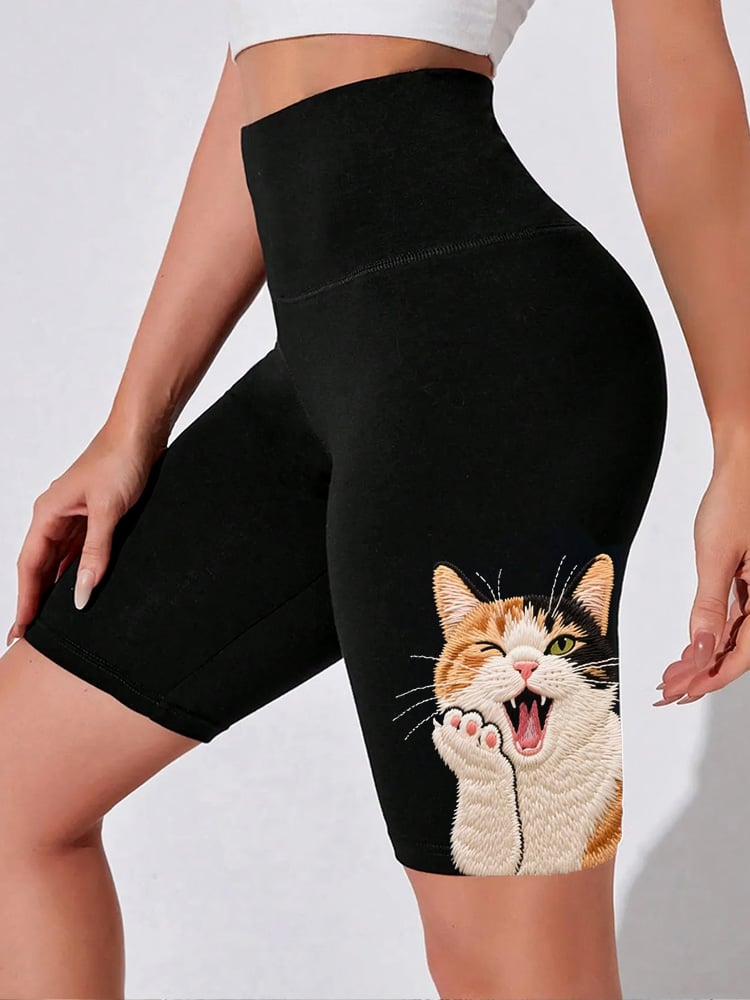 Women's Cat-Print Stretchy Yoga Shorts