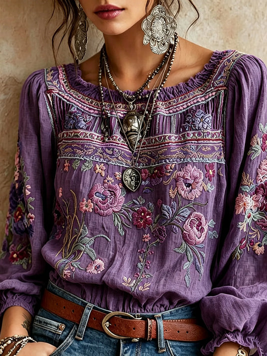 Vintage Classy Gradient Purple Floral Art Linen Blend Loose Long Sleeve Shirt