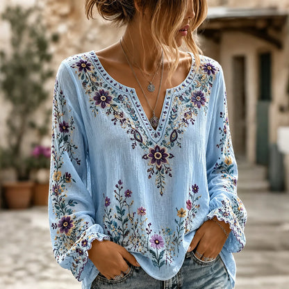 Women's Retro Boho Floral Art Cotton Linen V Neck T-shirt