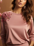 Women'S Pink Floral Print Casual Long-Sleeved Top