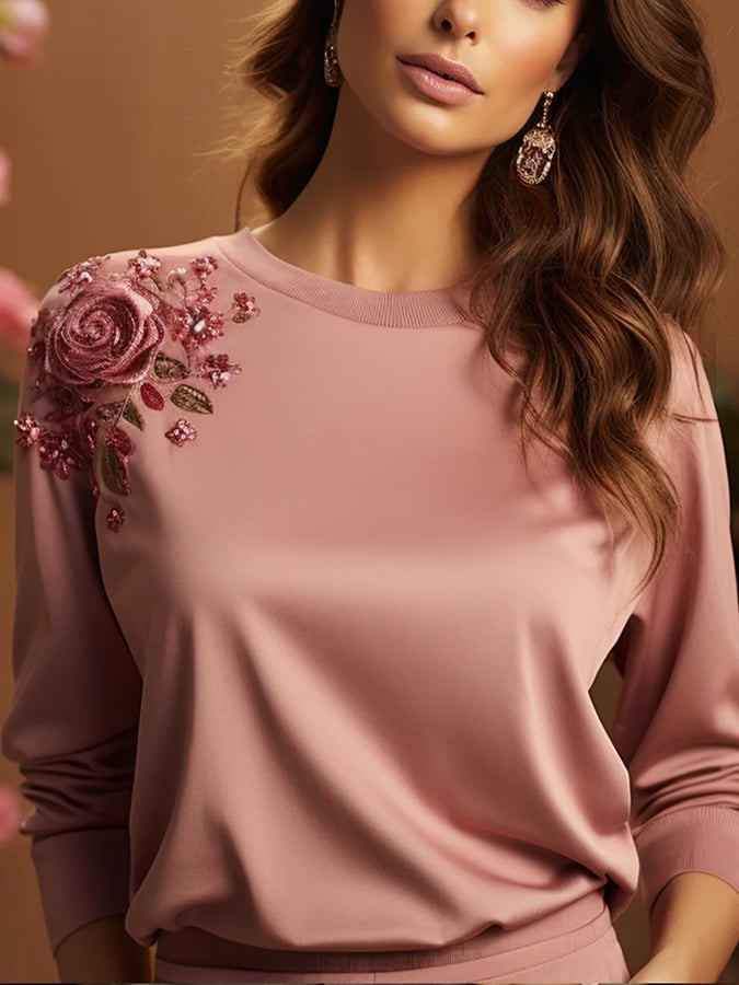 Women'S Pink Floral Print Casual Long-Sleeved Top
