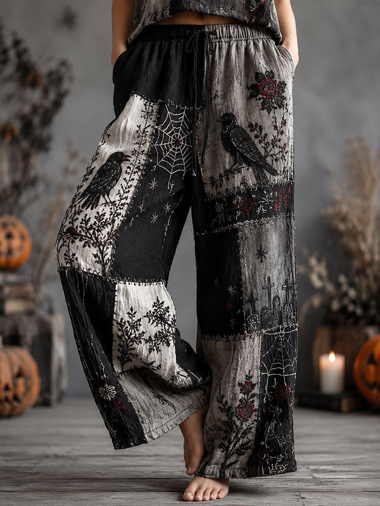 Women's Halloween Rose, Crow, And Spiderweb Color-blocked Cotton Linen Pants