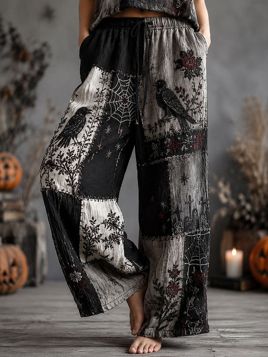 Women's Halloween Rose, Crow, And Spiderweb Color-blocked Cotton Linen Pants