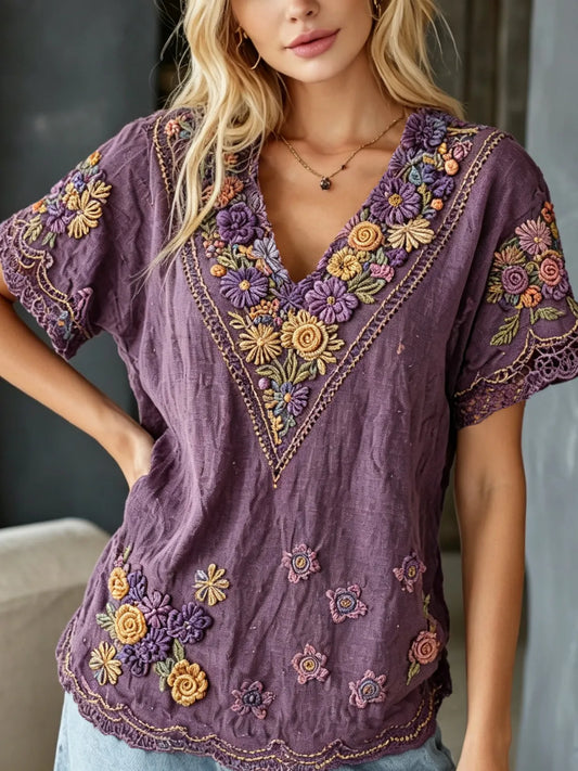 Women's Retro Floral Art Embroidery Cotton Linen V-neck T-shirt