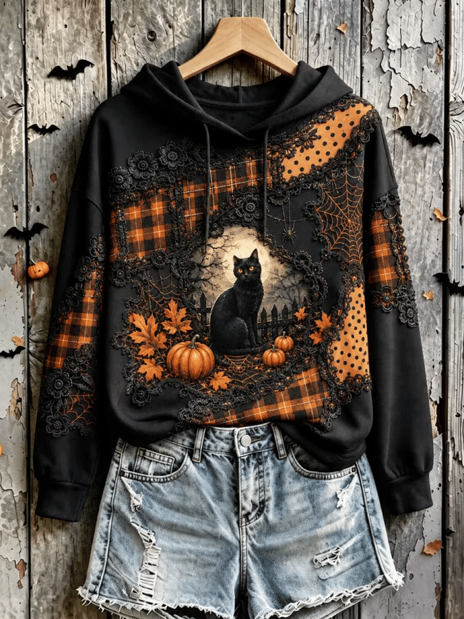 Women's Halloween Cat Print Hoodie