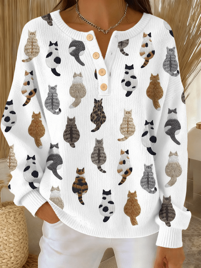 Women's Cute Cat Print Knit Button Top
