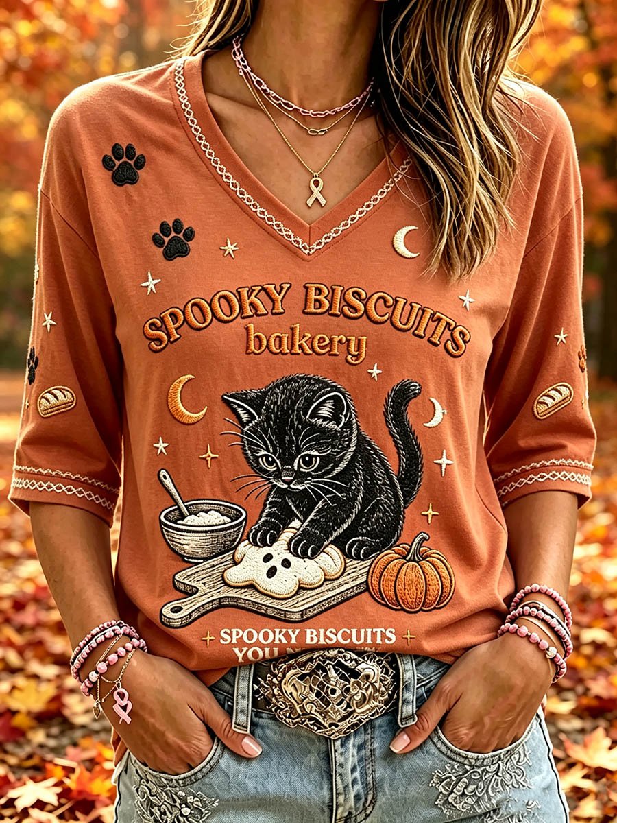 Women's Fall Black Cat V-Neck T-Shirts