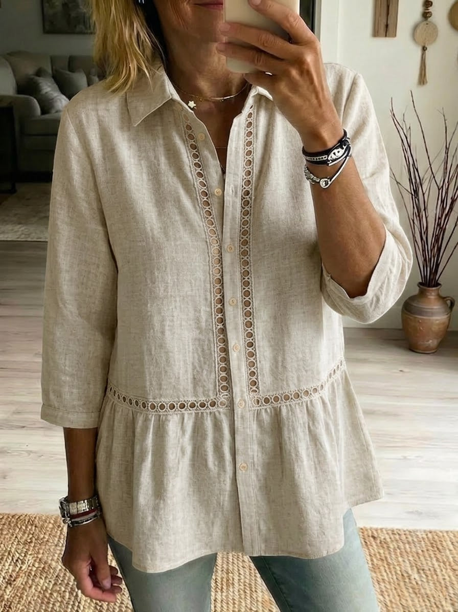 🌿Women's Casual Openwork Ribbon Linen Cotton Shirt