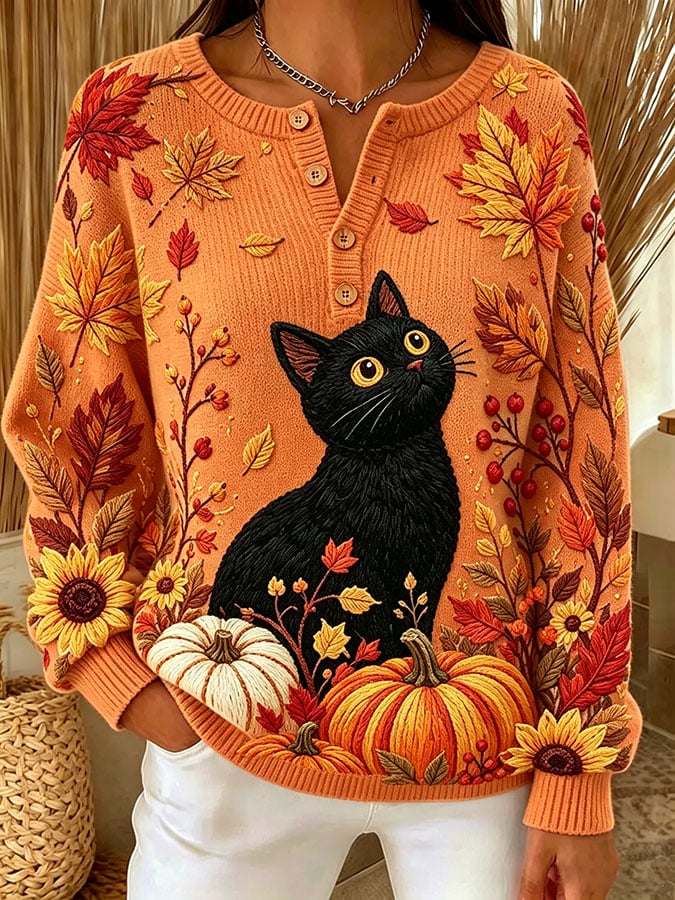 Women's Casual Print Button-Up Collar Knit Top
