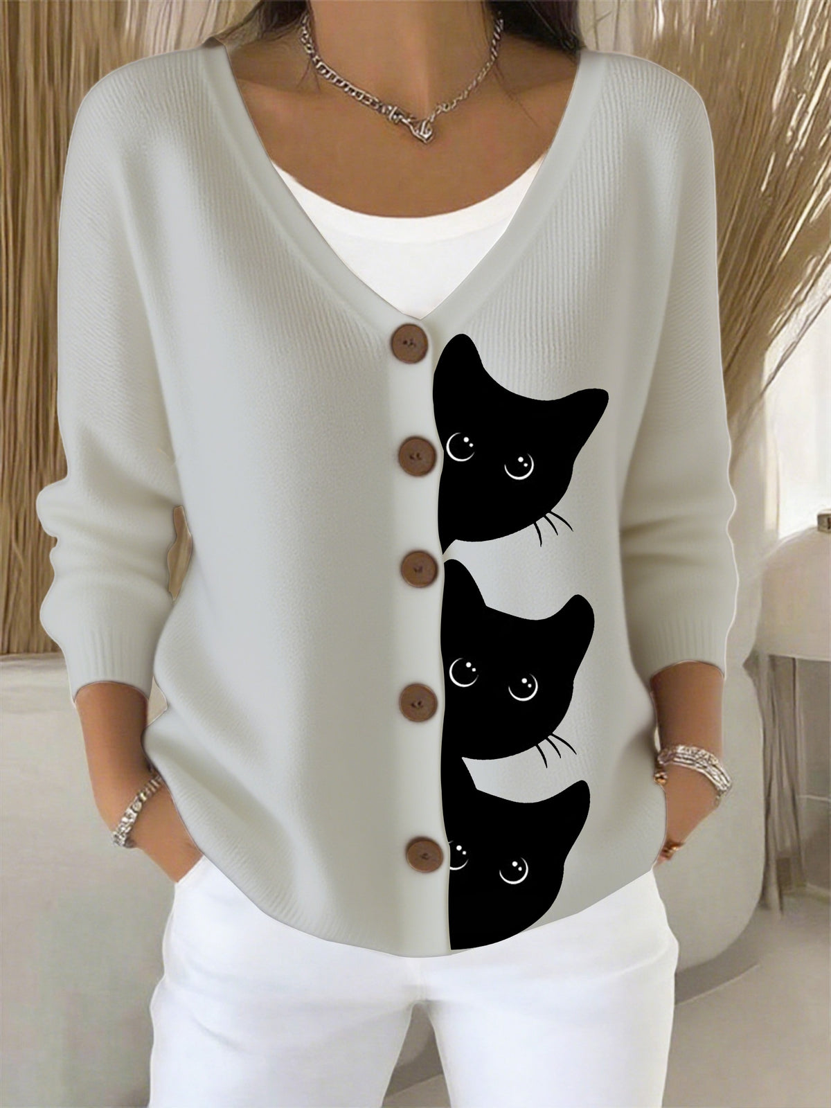 Women's Halloween Fun Black Cat Print Cardigan Sweater