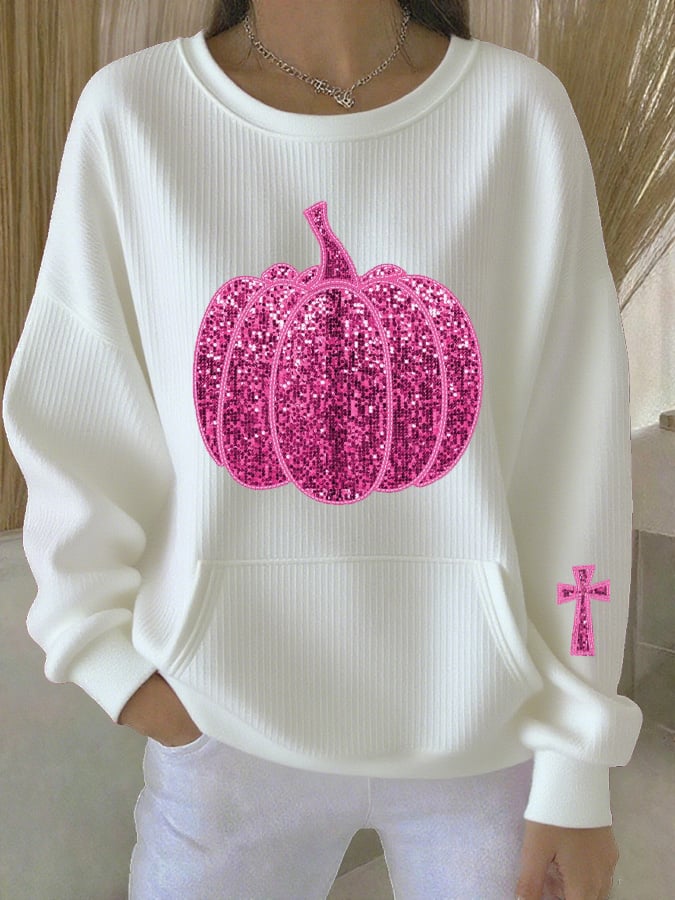 Women's Fall Breast Cancer Awareness Sequined Pumpkin Print Casual Crew Neck Sweatshirt