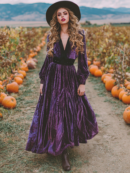 Women's  Vintage Halloween Purple Art Comfy Velvet Maxi Dress